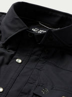 Black western snap shirt close-up of inside collar label and snap placket
