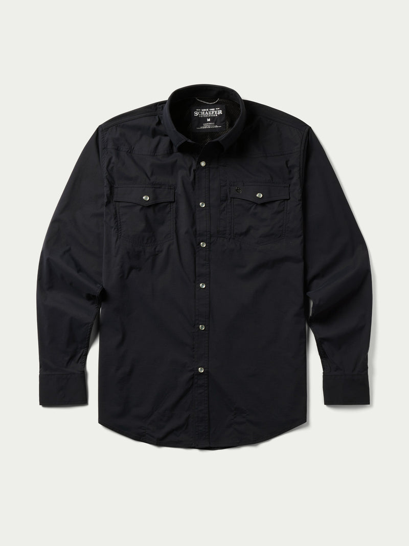 Black western snap shirt with button front, snap-flap chest pockets, and long sleeves