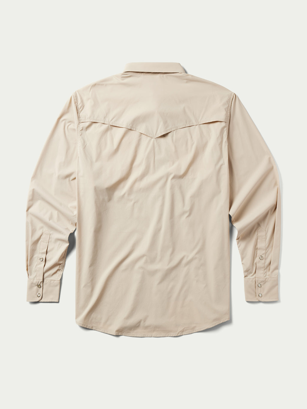 Back view of khaki western snap shirt with yoke seam and buttoned shoulder tabs