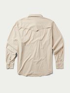 Back view of khaki western snap shirt with yoke seam and buttoned shoulder tabs