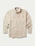 Khaki western snap shirt front with button-down placket and two chest flap pockets