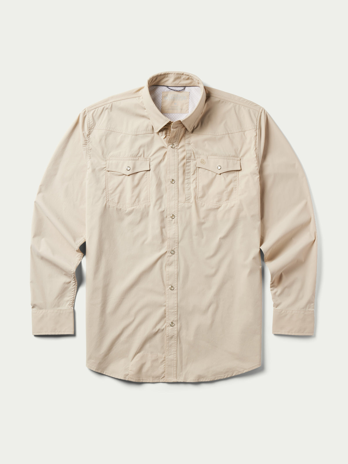 Khaki western snap shirt front with button-down placket and two chest flap pockets