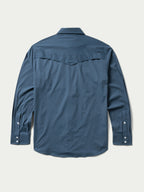 Navy western snap button shirt, back view with yoke and long sleeves