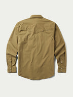 Olive western snap shirt back view with stitched yoke and button cuffs