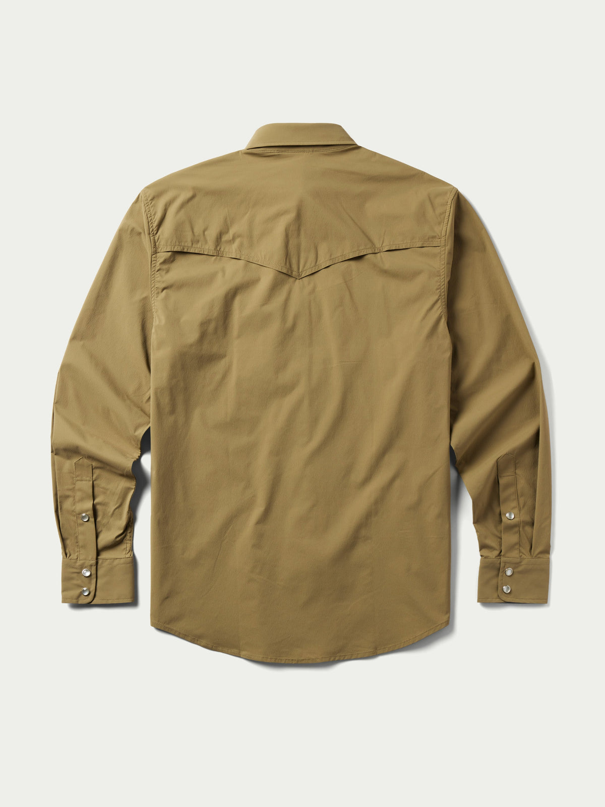 Olive western snap shirt back view with stitched yoke and button cuffs
