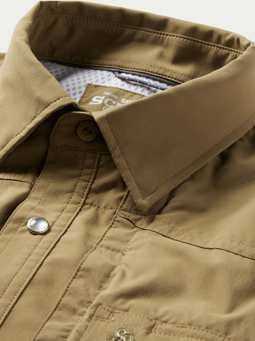Olive snap shirt collar with button placket and fabric-stitch detailing