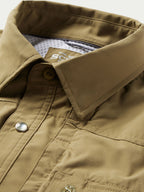 Olive snap shirt collar with button placket and fabric-stitch detailing