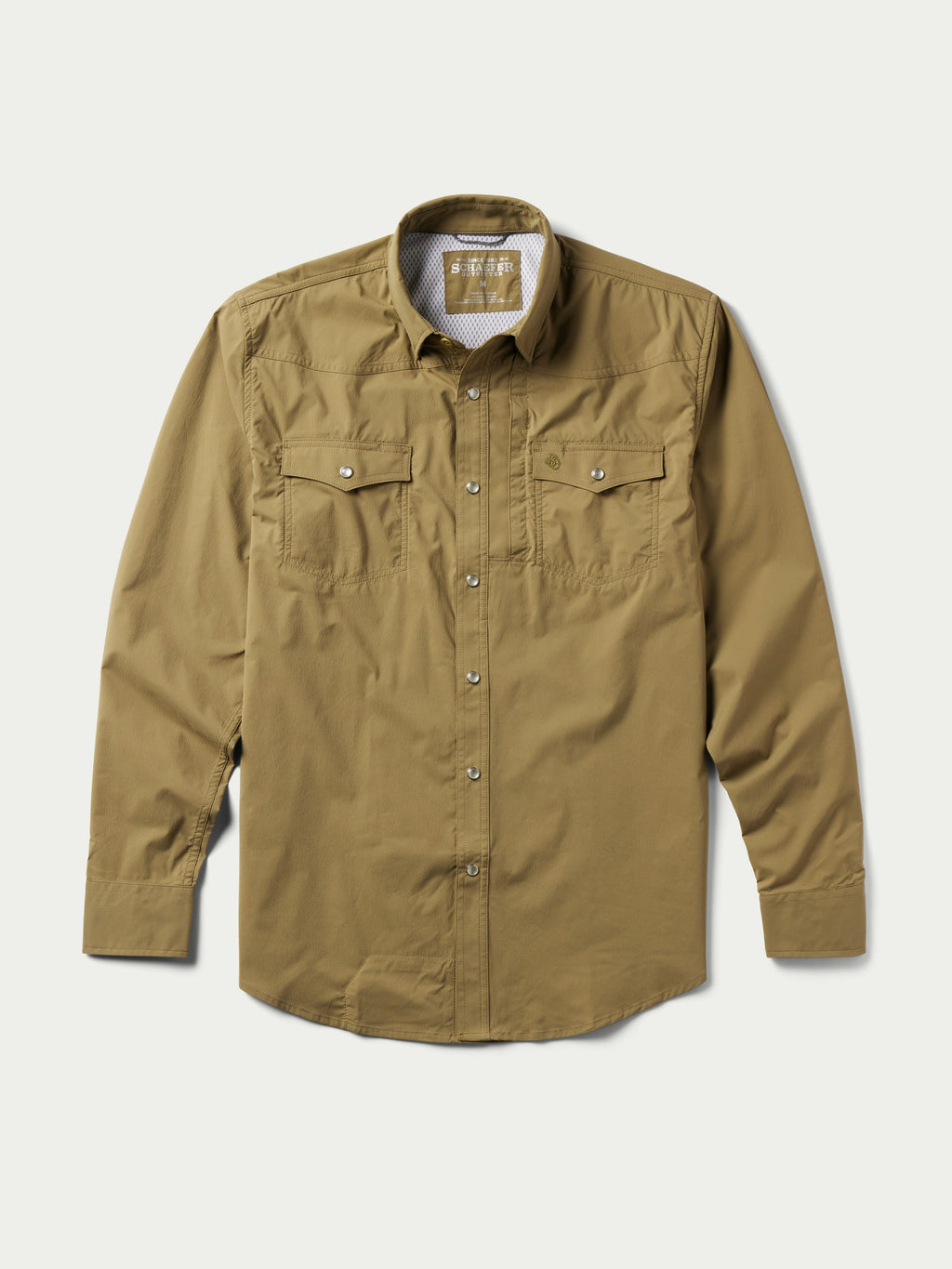 Olive western snap shirt with two chest pockets and button front