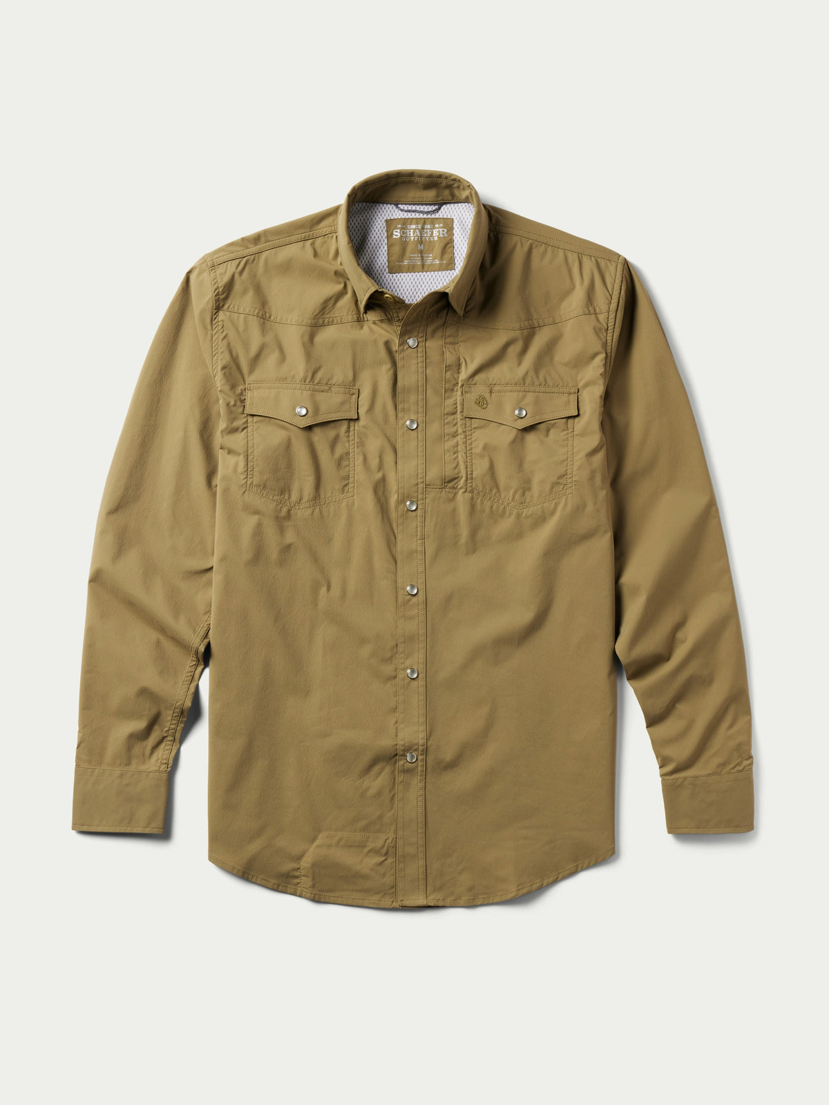 Olive western snap shirt with two chest pockets and button front