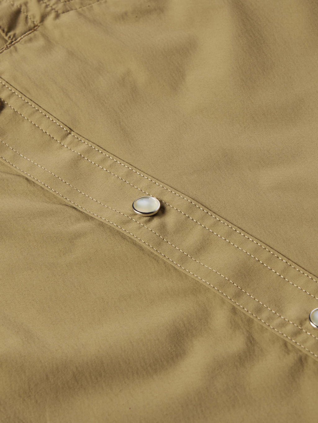 Olive western guide snap shirt front with silver-tone snap buttons and stitched panels