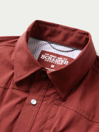 Oxblood western snap shirt with snap placket and branded neck label