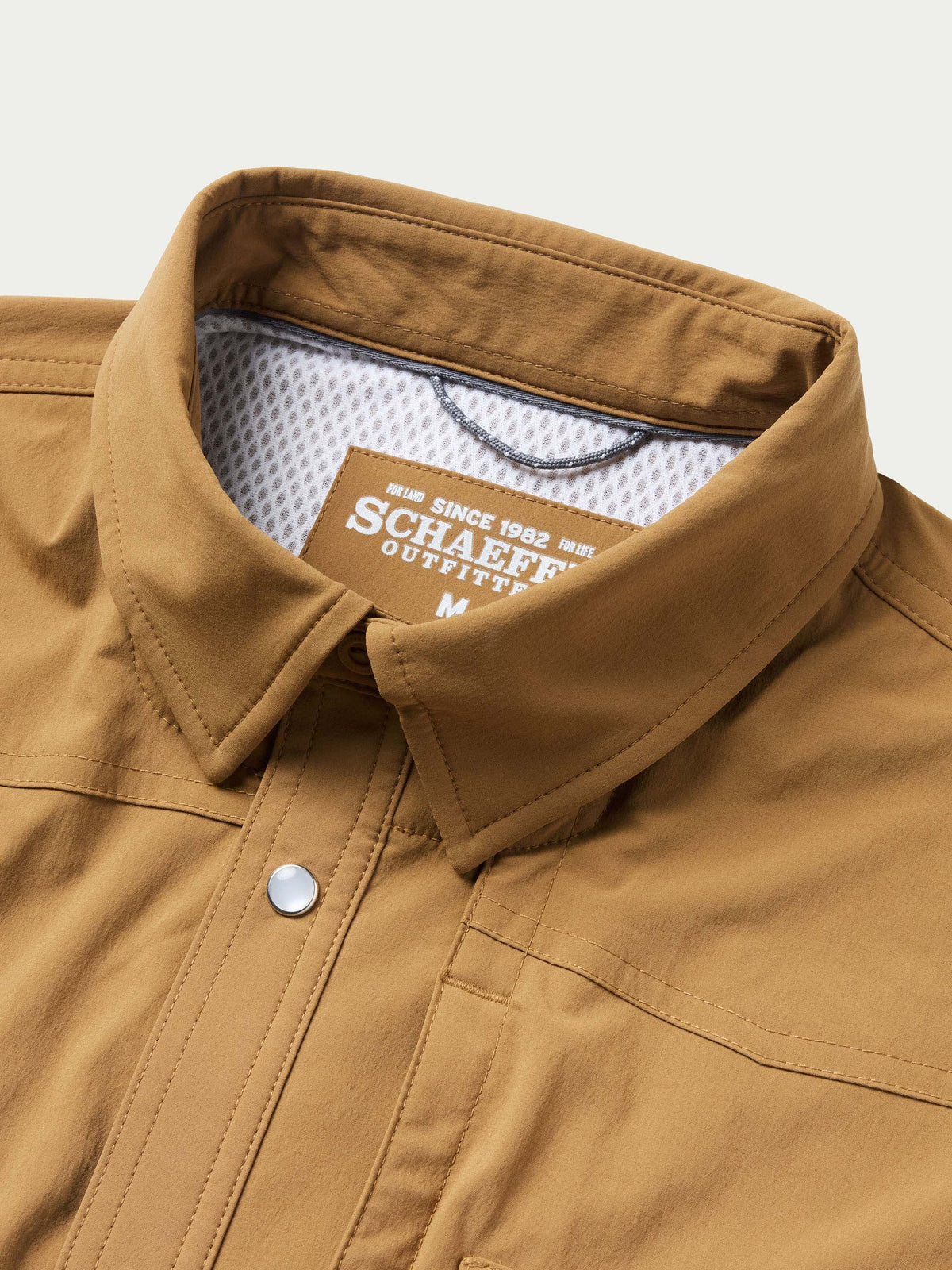 Pecan western snap shirt with stitched collar and contrast interior lining
