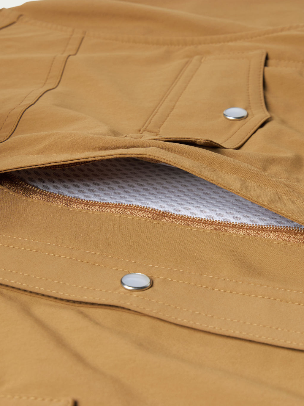 Pecan western snap shirt close-up of chest pocket flap with snap