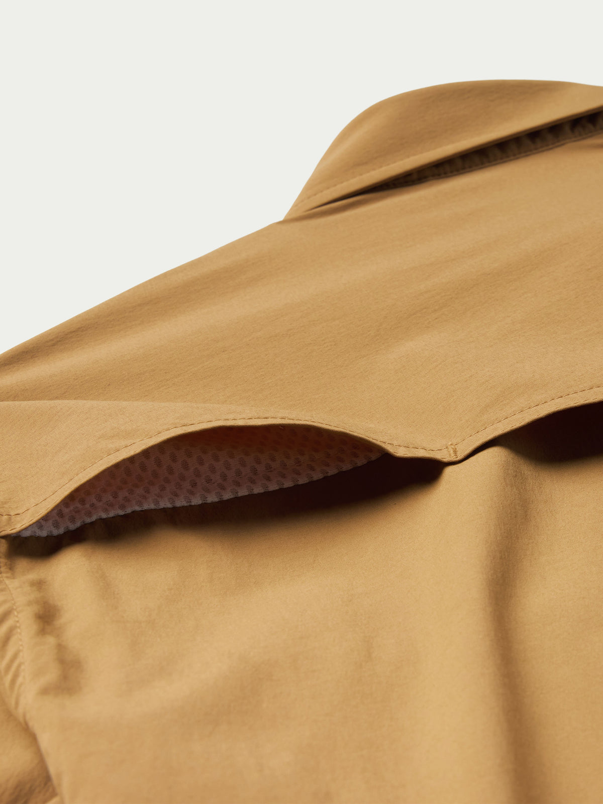 Pecan western snap shirt close-up of shoulder seam and collar underside
