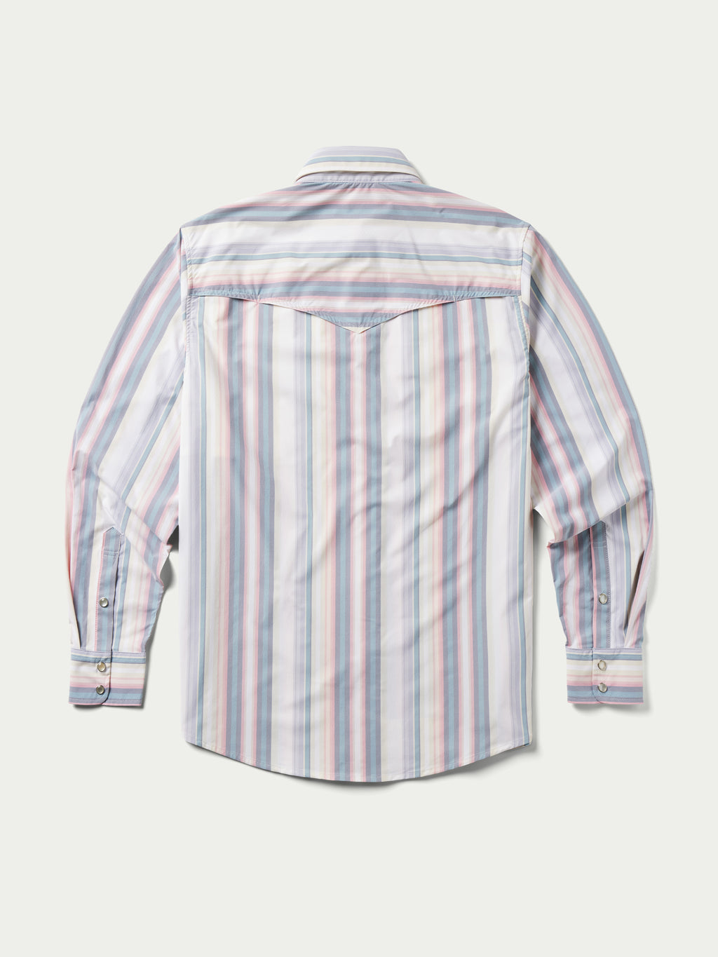 Back view of RangeTek western snap shirt with pastel vertical stripes and yoke stitching