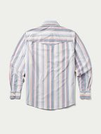 Back view of RangeTek western snap shirt with pastel vertical stripes and yoke stitching