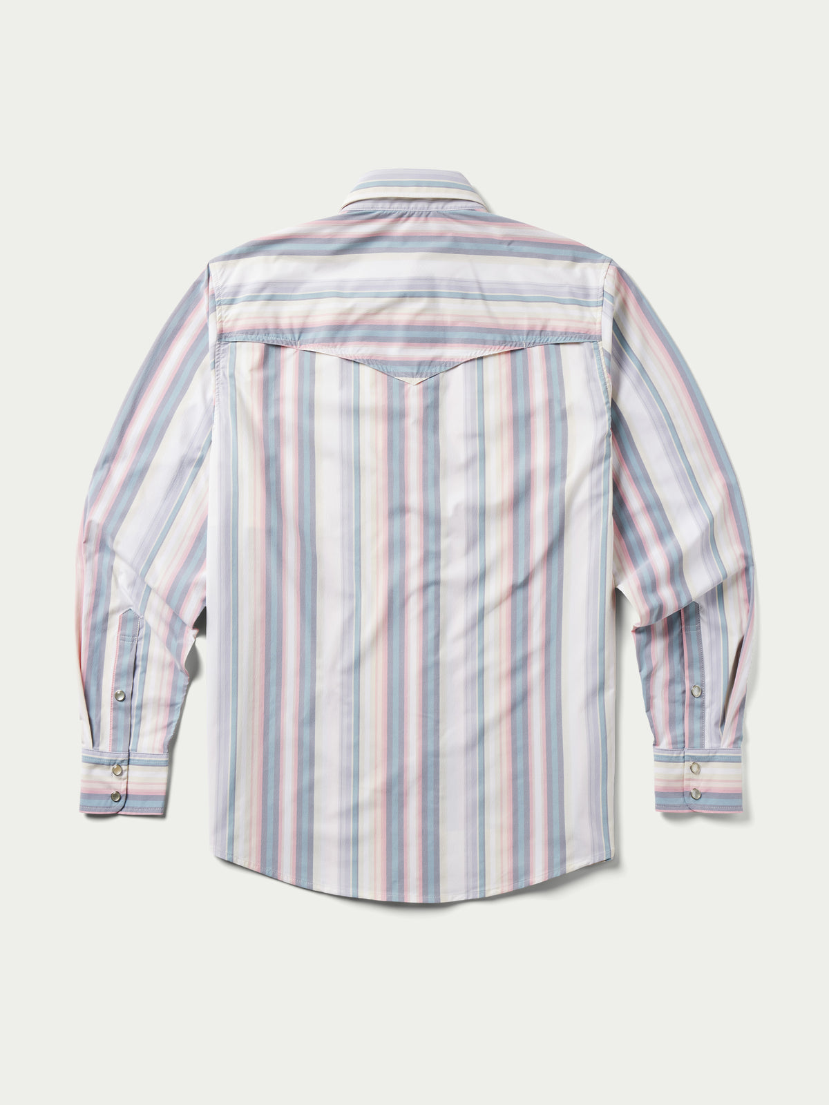 Back view of RangeTek western snap shirt with pastel vertical stripes and yoke stitching