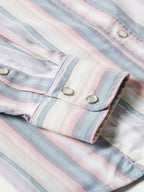 Cuff and sleeve placket close-up on pastel striped western snap shirt with metal snaps