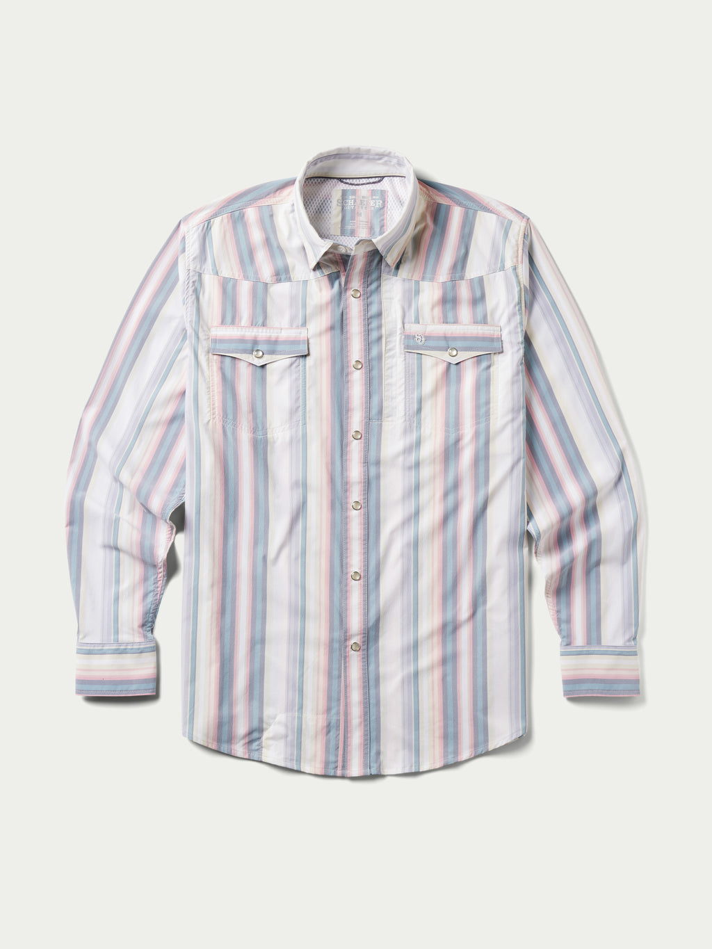 RangeTek western snap shirt in light blue, pink, and white vertical stripes with front snaps