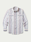 RangeTek western snap shirt in light blue, pink, and white vertical stripes with front snaps