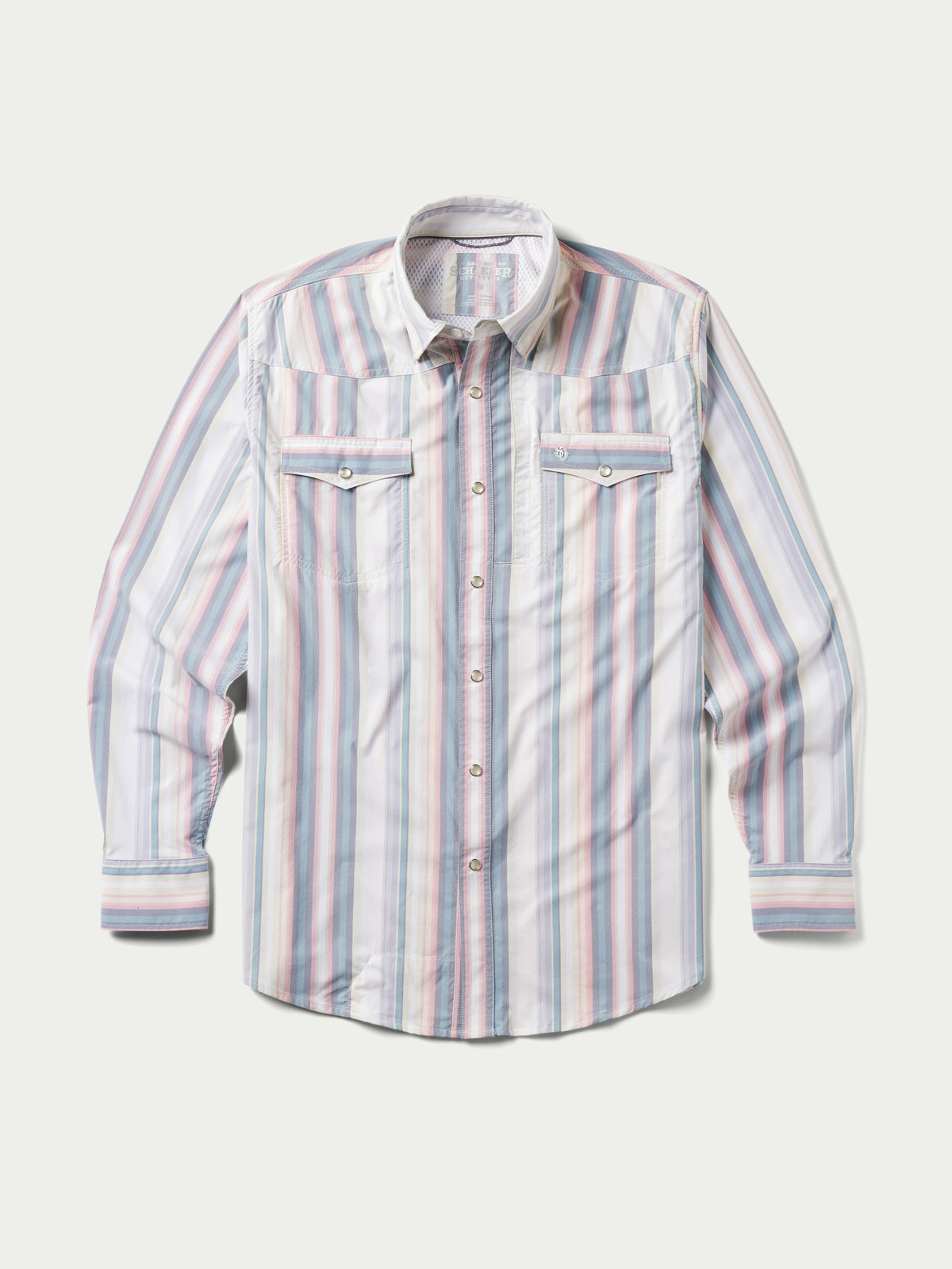 RangeTek western snap shirt in light blue, pink, and white vertical stripes with front snaps