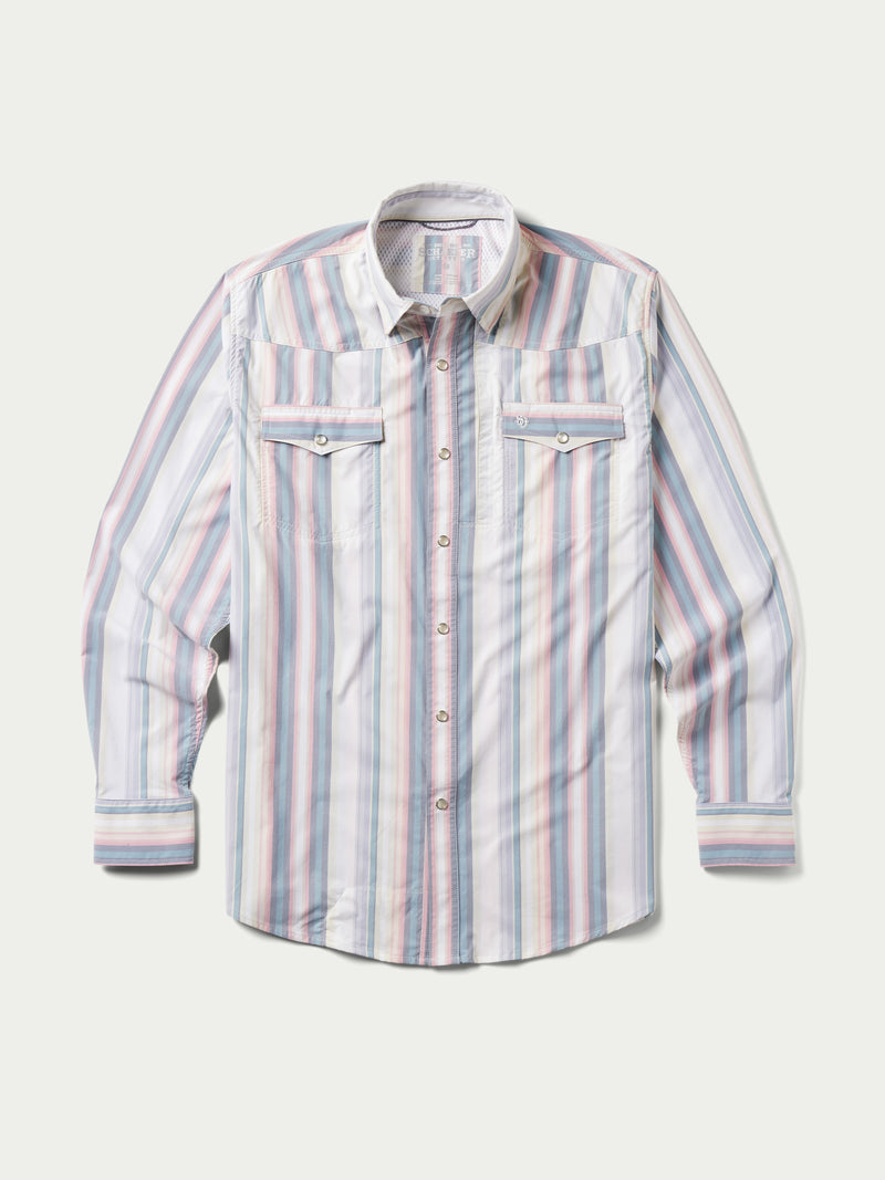 RangeTek western snap shirt in light blue, pink, and white vertical stripes with front snaps