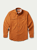 Rust western snap shirt, front view with snap buttons and chest pockets