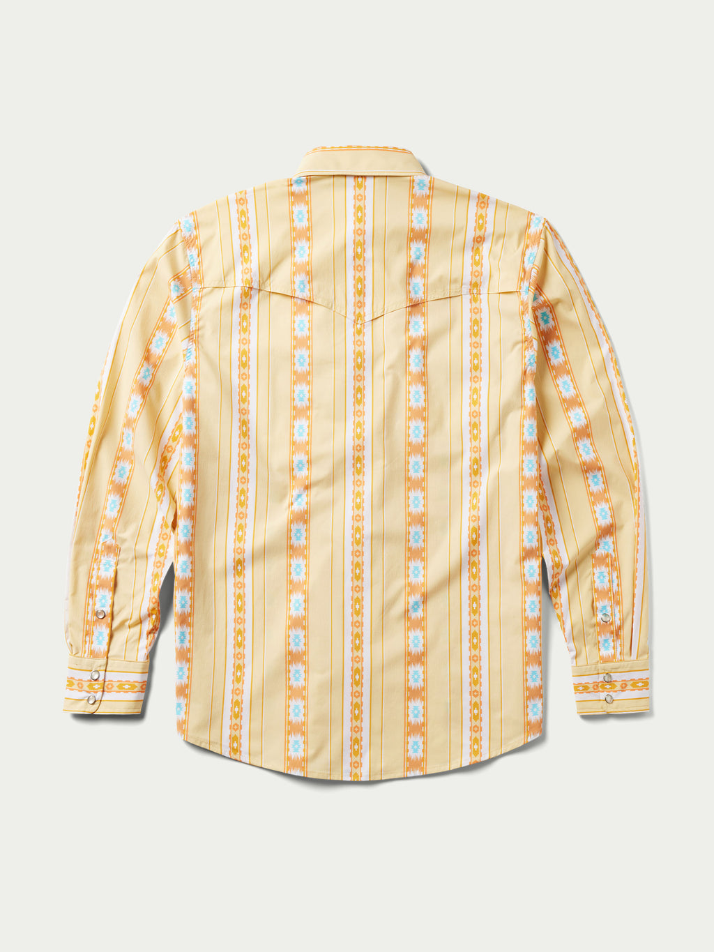 Western snap shirt with collared neckline and long sleeves in cream and orange Aztec stripes