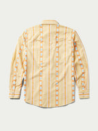 Western snap shirt with collared neckline and long sleeves in cream and orange Aztec stripes