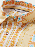 Western snap shirt chest with snap buttons, cream base, and orange and blue striped pattern