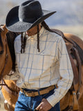 Western guide snap shirt on model, cream-blue plaid, snap chest pockets, western styling.