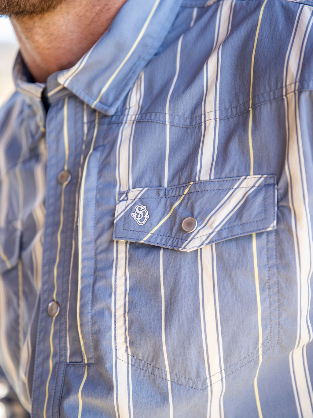 RangeTek western snap shirt in light blue with white and yellow stripe chest pocket