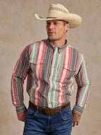 Western snap shirt with chest snaps and teal-pink-white vertical stripes.
