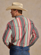 Western snap shirt back view with vertical teal-pink-white stripes and yoke seam.