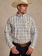 RangeTek western snap shirt, light blue plaid with stand collar and snap front