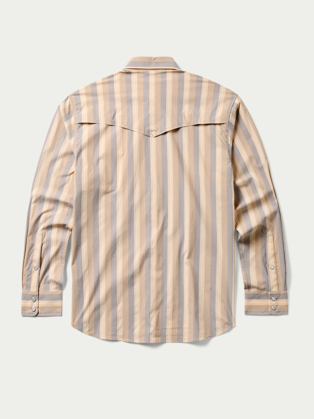 Back view striped snap western guide shirt with yoke seams and buttoned cuffs
