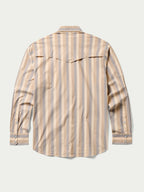 Back view striped snap western guide shirt with yoke seams and buttoned cuffs
