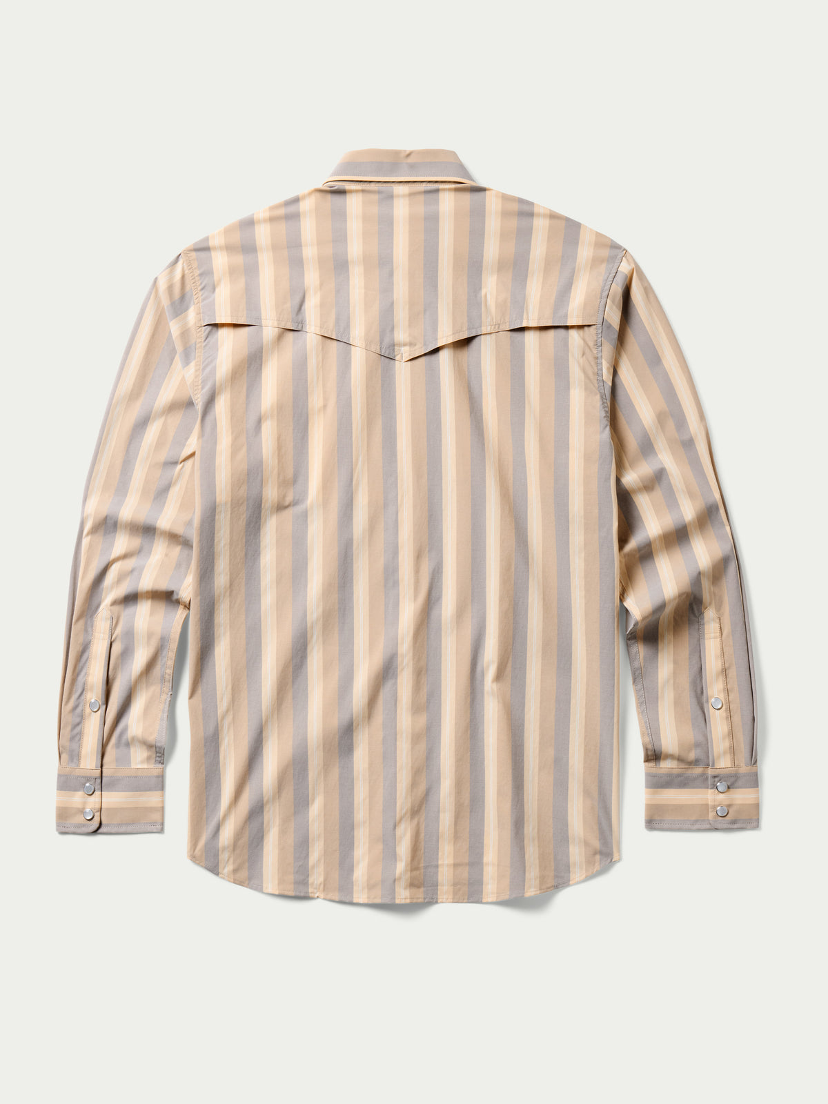 Back view striped snap western guide shirt with yoke seams and buttoned cuffs