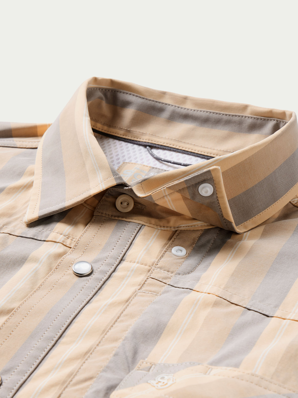 Striped western snap shirt collar and placket with metal snaps and inner size label