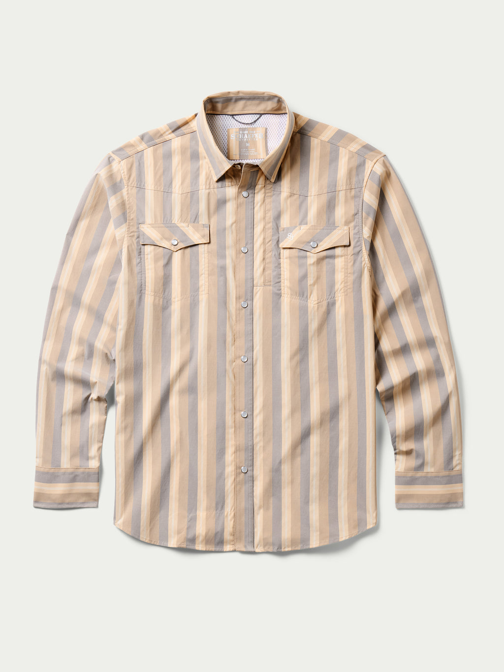Front view striped snap western shirt with two chest flap pockets and metal buttons