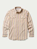 Front view striped snap western shirt with two chest flap pockets and metal buttons