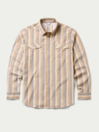 Front view striped snap western shirt with two chest flap pockets and metal buttons