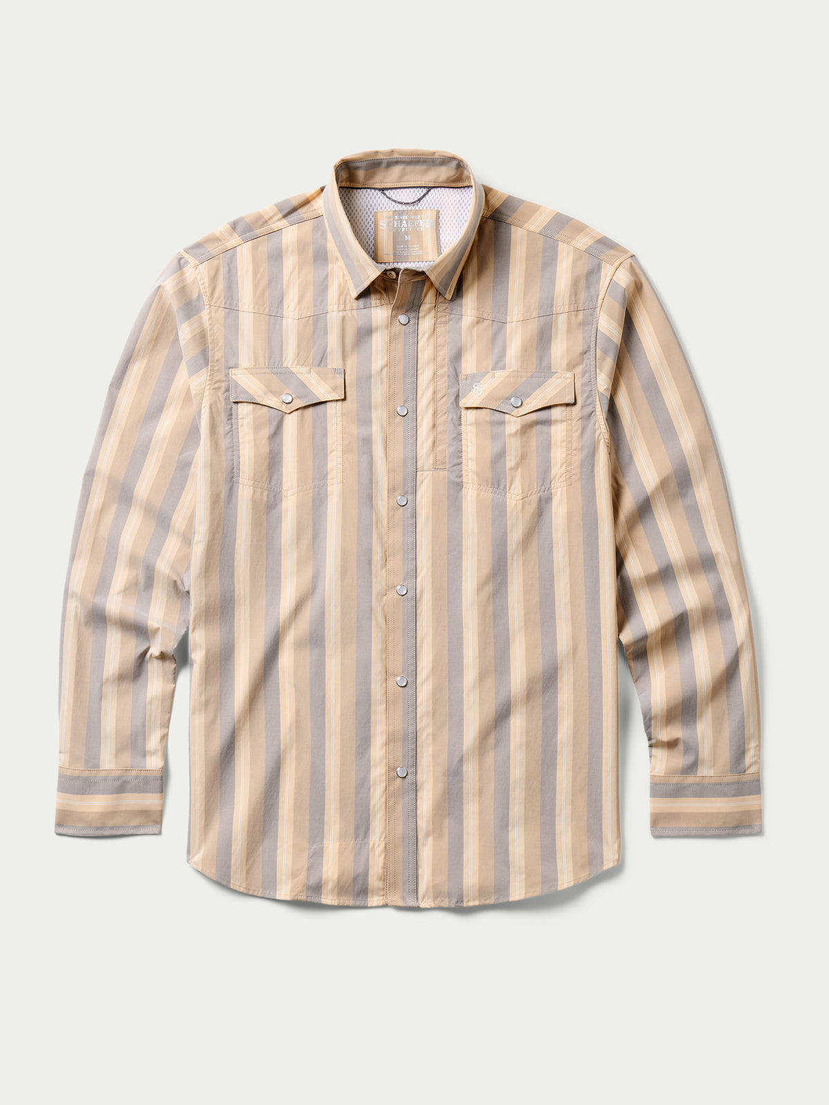 Front view striped snap western shirt with two chest flap pockets and metal buttons