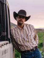 RangeTek Western snap shirt, light tan and blue striped with front snaps and chest pocket