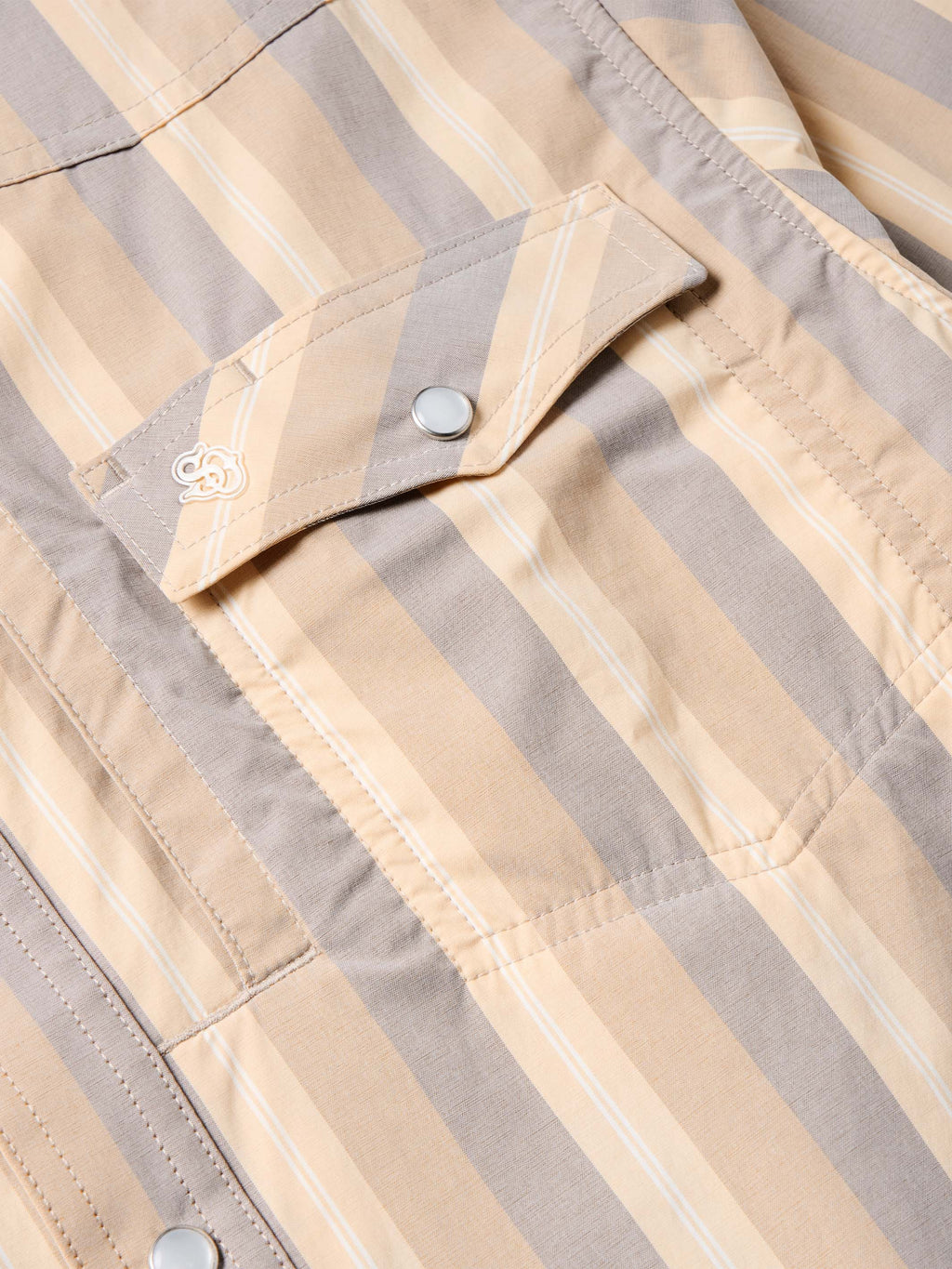 Striped western snap shirt detail with buttoned collar and chest yoke metal snaps