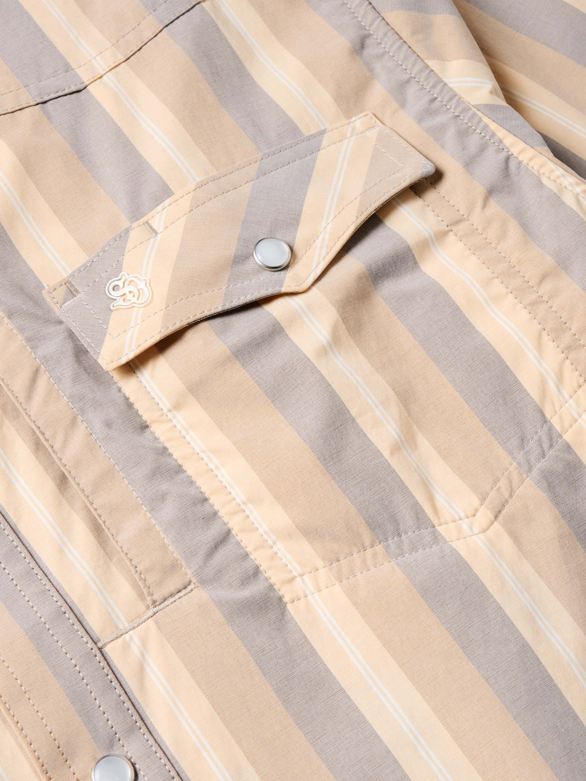 Striped western snap shirt detail with buttoned collar and chest yoke metal snaps