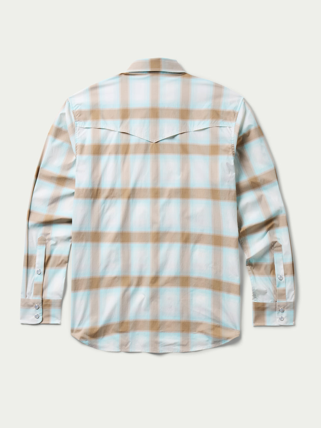 Western snap shirt in light blue and tan plaid, back view