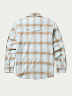 Western snap shirt in light blue and tan plaid, back view