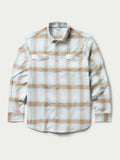 Western snap shirt in light blue and tan plaid, front view with snaps and pockets