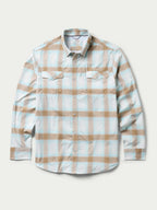 Western snap shirt in light blue and tan plaid, front view with snaps and pockets